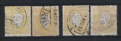 1324.jpg -     Lote:    1324            Portugal       Descrição:         1879/80 &mdash; D. Luís I, fita direita. Novas cores. CE51, 150 reis amarelo, papel porcelana, denteado 13 &frac12;. Lote de 4 selos: dois do tipo II (um selo com dobra) e dois do tipo III. Valor de catálogo &euro; 238,80.        Lote/O       Valor Base:     &euro; 22,00     Valor Venda:     &euro; 22,00     