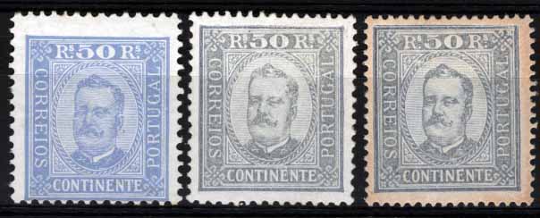 1341.jpg -     Lote:    1341            Portugal       Descrição:         1892/93 &mdash; D. Carlos I, tipo Diogo Neto. CE71, 50 reis azul a azul cinzento, em papel porcelana. Lote de 3 selos em denteados 11 &frac12;, 12 &frac12; E 13 &frac12;. Valor de catálogo &euro; 322,70.        **       Valor Base:     &euro; 60,00     Valor Venda:     &euro; 65,00     