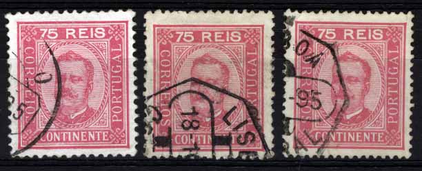 1344.jpg -     Lote:    1344            Portugal       Descrição:         1892/93 &mdash; D. Carlos I, tipo Diogo Neto. CE72, 75 reis carmim, papel porcelana. Lote de 3 selos em denteados 11 &frac12;, 12 &frac12; e 13 &frac12;. Valor de catálogo &euro; 88,20.         O       Valor Base:     &euro; 15,00     Valor Venda:     &euro; 26,00     