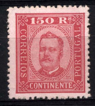1351.jpg -     Lote:    1351            Portugal       Descrição:         1892/93 &mdash; D. Carlos I tipo Diogo Neto. CE77, 150 reis carmim s/ rosa, papel porcelana, denteado 12 172. Valor de catálogo &euro; 430,00.        **       Valor Base:     &euro; 60,00     Valor Venda:     &euro; 60,00     