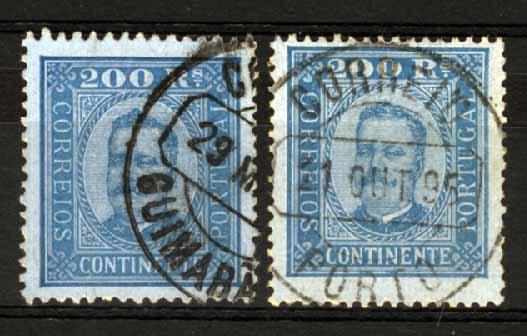 1355.jpg -     Lote:    1355            Portugal       Descrição:         1892/93 &mdash; D. Carlos I, tipo Diogo Neto. CE78, 200 reis, azul s/ azul, papel porcelana. Lote de dois selos em denteado 12 &frac12; e 13 &frac12;. Valor de catálogo &euro; 194,00.        O       Valor Base:     &euro; 35,00     Valor Venda:     &euro; 42,00     