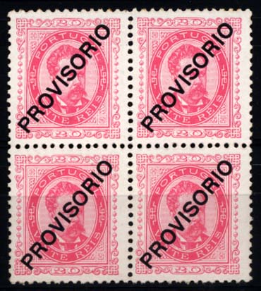 1364.jpg -     Lote:    1364            Portugal       Descrição:         1892/1893 &mdash; D. Luís I. Sobrecarga PROVISÓRIO. CE85, 20 reis rosa, sobrecarga c, papel porcelana, denteado 11 &frac12;. Quadra. Valor de catálogo &euro; 576,00. MB.        ***       Valor Base:     &euro; 100,00     Valor Venda:     Retirado     