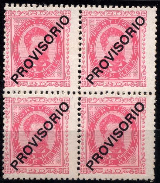 1365.jpg -     Lote:    1365            Portugal       Descrição:         1892/93 &mdash; D. Luís I. Sobrecargas "PROVISÓRIO". CE85, 20 reis rosa. Sobrecarga c. Quadra com goma original sem sinal de charneira. Valor de catálogo &euro; 576,00.        ***       Valor Base:     &euro; 50,00     Valor Venda:     Retirado     