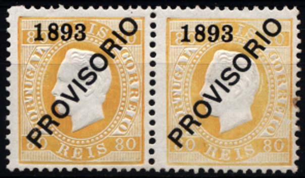 1369.jpg -     Lote:    1369            Portugal       Descrição:         1892/1893 &mdash; D. Luís I. Sobrecarga PROVISÓRIO. CE94, 80 reis amarelo, sobrecarga d, papel porcelana, denteado 12 &frac12;. Par horizontal. Um selo com muito ligeiro ponto de óxido. Valor de catálogo &euro; 804,00.        ***       Valor Base:     &euro; 100,00     Valor Venda:     Retirado     