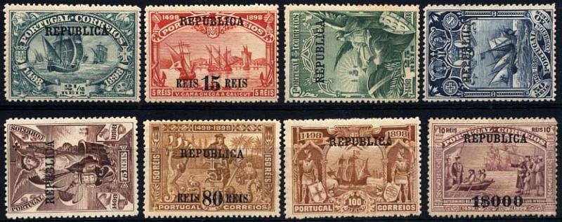 1395.jpg -     Lote:    1395            Portugal       Descrição:         1911 &mdash; 4.º Centenário do Descobrimento do Caminho Marítimo para a Índia, com  sobrecarga REPUBLICA e sobretaxa, sobre selos postais do Continente. CE184/191. Série completa. Selo de 1$000 s/ 10 reis regomado. Valor de catálogo &euro; 436,00.        ***       Valor Base:     &euro; 50,00     Valor Venda:     &euro; 70,00     