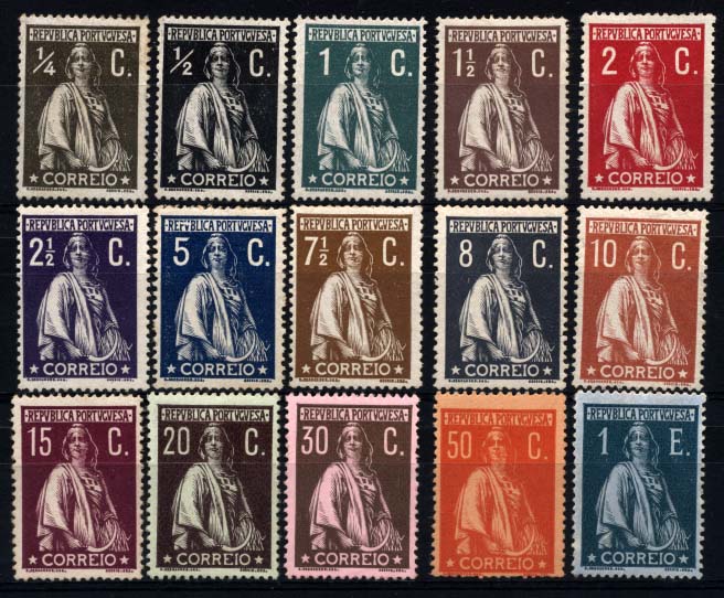 1402.jpg -     Lote:    1402            Portugal       Descrição:         1912 &mdash; Ceres. CE206/220. Série completa. Selo de 8C com vestígios de óxido. Valor de catálogo &euro; 1.466,00.        **       Valor Base:     &euro; 200,00     Valor Venda:     Retirado     