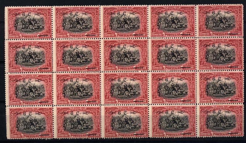 1430.jpg -     Lote:    1430            Portugal       Descrição:         1926 &mdash; Independência de Portugal. Com sobretaxa. CE395, 6 s/ 10$00 carmim. Bloco de 20 selos. Valor de catálogo &euro; 218,00.        ***       Valor Base:     &euro; 35,00     Valor Venda:     &euro; 35,00     