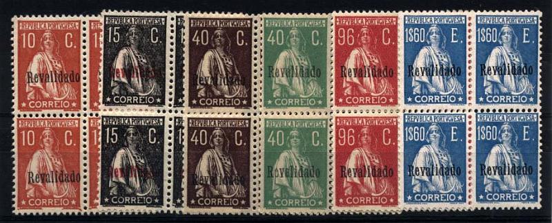 1451.jpg -     Lote:    1451            Portugal       Descrição:         1929 &mdash; Ceres, com sobrecarga "Revalidado". CE488/493. Série completa em quadras, em denteado 12x11 &frac12;. Valor de catálogo &euro; 332,00.        ***       Valor Base:     &euro; 40,00     Valor Venda:     &euro; 40,00     