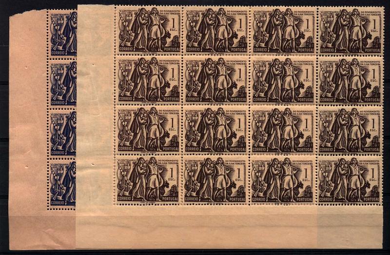 1504.jpg -     Lote:    1504            Portugal       Descrição:         1951 &mdash; 5.º Centenário do Povoamento da Ilha Terceira. CE737/738. Série completa em blocos de 16 selos (4x4), canto inferior esquerdo da folha. Valor de catálogo &euro; 189,60.        ***       Valor Base:     &euro; 26,00     Valor Venda:     &euro; 25,00     