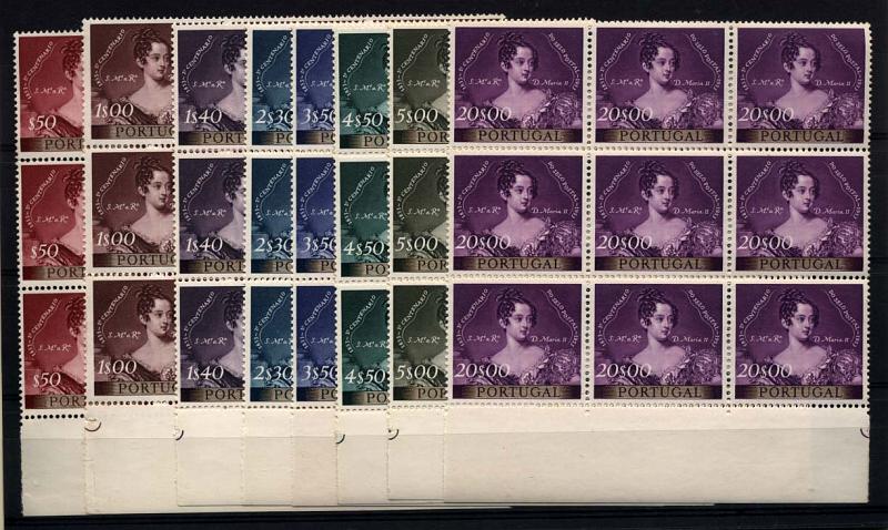 1506.jpg -     Lote:    1506            Portugal       Descrição:         1953 &mdash; Centenário do Selo Postal Português. CE786/793. Série completa em blocos de 9 selos (3x3), fundo de folha. MB. Valor de catálogo &euro; 1.638,00.        ***       Valor Base:     &euro; 250,00     Valor Venda:     Retirado     