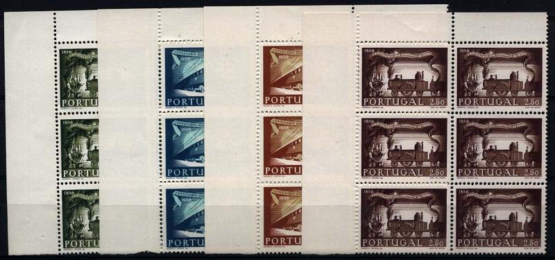 1510.jpg -     Lote:    1510            Portugal       Descrição:         1956 &mdash; 1.º Centenário dos Caminhos de Ferro em Portugal. CE821/824. Série completa em blocos de seis selos, canto de folha. MB. Valor de catálogo &euro; 968,00.        ***       Valor Base:     &euro; 150,00     Valor Venda:     Retirado     