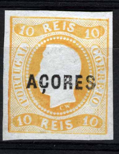 1553.jpg -     Lote:    1553            Açores       Descrição:         1868 &mdash; D. Luís I. Fita curva, não denteados. CE2, 10 reis amarelo. Sobrecarga tipo A. Selo com margens curtas. Não garantimos a sua genuinidade. Lote a ver. Valor de catálogo &euro; 19.100,00.        RG**       Valor Base:     &euro; 250,00     Valor Venda:     Retirado     