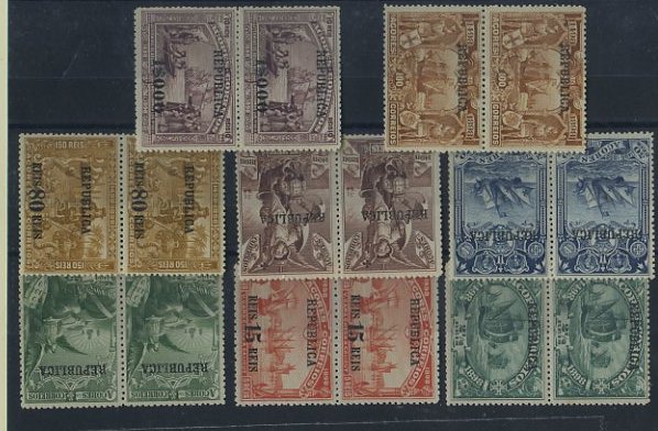 1557.jpg -     Lote:    1557            Açores       Descrição:         1911/12 - 4.º Centenário do Descobrimento do Caminho Marítimo para a Índia com sobrecarga REPUBLICA. CE135/142. Série completa em pares. Valor de catálogo &euro; 106,10.        ***       Valor Base:     &euro; 15,00     Valor Venda:     Retirado     