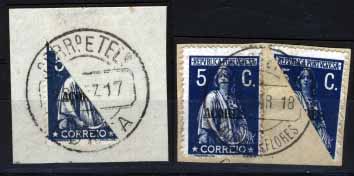 1558.jpg -     Lote:    1558            Açores       Descrição:         1912/13 &mdash; Ceres. Selos do Continente com sobrecarga "AÇORES". CE155, 5C azul escuro, denteado 15x14. Lote composto por dois fragmentos: um com selo bipartido em papel liso e outro com selo inteiro + selo bipartido em papel porcelana, obliterado com CCD batido a preto de "LAGES DAS FLORES".        FRG       Valor Base:     &euro; 20,00     Valor Venda:     Retirado     