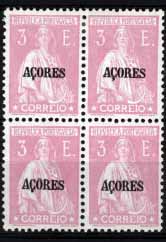 1566.jpg -     Lote:    1566            Açores       Descrição:         1924/26 &mdash; Ceres. Selos do Continente com sobrecarga AÇORES. CE215, 3$00 rosa claro. Quadra (dois selos com sinal de charneira e dois sem sinal). Valor de catálogo &euro; 490,00. MB e MR.        ***/**       Valor Base:     &euro; 100,00     Valor Venda:     &euro; 110,00     