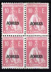 1570.jpg -     Lote:    1570            Açores       Descrição:         1924/26 &mdash; Ceres. Selos do Continente com sobrecarga AÇORES. CE218, 10$00 rosa. Quadra (dois selos com sinal de charneira e dois sem sinal). Valor de catálogo &euro; 292,70. MB e MR.        ***/**       Valor Base:     &euro; 60,00     Valor Venda:     &euro; 60,00     
