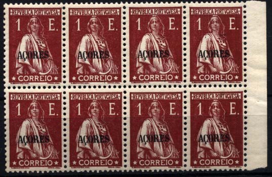 1573.jpg -     Lote:    1573            Açores       Descrição:         1930/31 &mdash; Ceres. Selos do Continente com sobrecarga Açores. CE309, 1E lilás vermelho. Bloco de 8 selos (4x2). Valor de catálogo &euro; 583,20.        ***       Valor Base:     &euro; 50,00     Valor Venda:     Retirado     