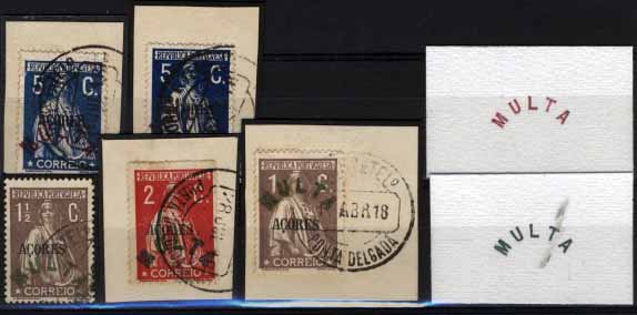 1576.jpg -     Lote:    1576            Açores       Descrição:         1913/21 &mdash; Ceres. Selos do Continente com sobrecarga AÇORES + sobrecarga MULTA. Lote de um selo + quatro fragmentos: selo de 1 &frac12; C castanho CE152 + dois fragmentos com selos de 5C azul CE155 + fragmento com selo de 1C castanho CE164 + fragmento com selo de 2C carmim CE153. Selos com sobrecargas MULTA não emitidos oficialmente batidas a verde e vermelho.        O/ FRG       Valor Base:     &euro; 30,00     Valor Venda:     Retirado     