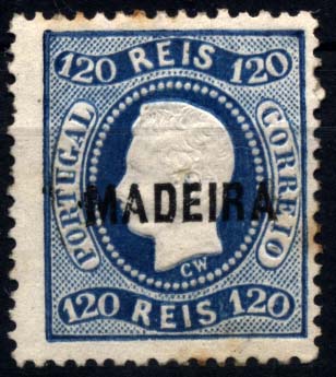 1577.jpg -     Lote:    1577            Madeira       Descrição:         1868/70 &mdash; D. Luís I, fita curva, denteados. CE12, 120 reis azul. Ligeiro ponto de óxido. Valor de catálogo &euro; 204,00.        **       Valor Base:     &euro; 30,00     Valor Venda:     Retirado     