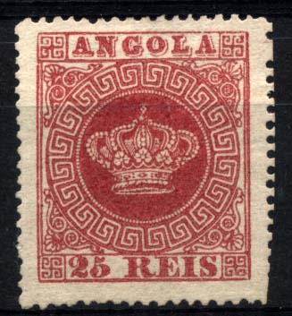 1587.jpg -     Lote:    1587            Angola       Descrição:         1870/76 &mdash; Tipo Coroa. CE4, 20 reis carmim rosa, papel liso, denteado 14. Três dentes curtos no bordo direito, por ter sido destacado à tesoura. Valor de catálogo &euro; 840,00.        **       Valor Base:     &euro; 85,00     Valor Venda:     &euro; 110,00     