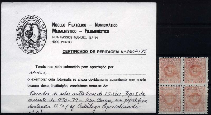 1588.jpg -     Lote:    1588            Angola       Descrição:         1870/77 &mdash; Tipo Coroa. CE4, 25 reis carmim claro. Quadra de selos autênticos, tipo I, em papel fino, denteado 12 &frac12;. Certificado de peritagem emitido pelo NFACP.        *       Valor Base:     &euro; 200,00     Valor Venda:     &euro; 200,00     