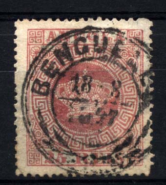 1589.jpg -     Lote:    1589            Angola       Descrição:         1870/76 &mdash; Tipo Coroa. CE4, 20 reis carmim rosa, papel liso, denteado 14. Obliterado com carimbo de duplo círculo de palmas de BENGUELLA. Um dente curto. Valor de catálogo &euro; 486,00.        O       Valor Base:     &euro; 60,00     Valor Venda:     &euro; 60,00     