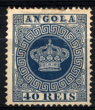 1590.jpg -     Lote:    1590            Angola       Descrição:         1870/77 &mdash; Tipo Coroa. CE5, 40 reis azul, denteado 13 &frac12;. Muito ligeiro adelgaçamento num dos dentes do bordo superior. Valor de catálogo &euro; 385,00.        *       Valor Base:     &euro; 45,00     Valor Venda:     &euro; 55,00     
