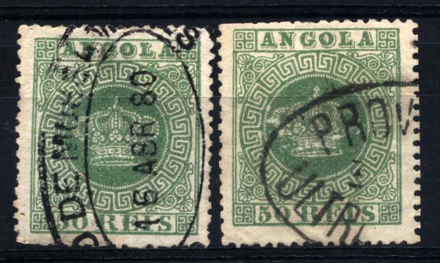 1592.jpg -     Lote:    1592            Angola       Descrição:         1870/76 &mdash; Tipo Coroa. CE6, 50 reis verde, denteado 13 &frac12;. Lote de dois selos com ligeiros defeitos (dentes curtos). Obliterados com carimbo de dupla oval "CORREIOS DE MOSSAMEDES" e " PROVÍNCIAS ULTRAMARINAS". Valor de catálogo &euro; 1.680,00.        O       Valor Base:     &euro; 125,00     Valor Venda:     Retirado     