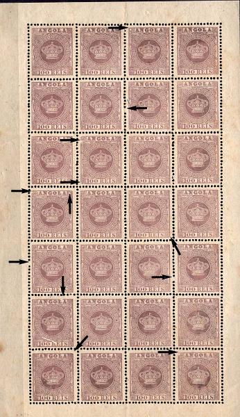 1593.jpg -     Lote:    1593            Angola       Descrição:         1870/77 &mdash; Tipo Coroa. CE7, 100 reis violeta, papel liso médio, denteado 12 &frac12;. Folha completa de 28 selos com diversas variedades de clichés todas assinaladas. Acompanha certificado de expertização emitido pelo NFACP. Valor de catálogo &euro; 476,00.        *       Valor Base:     &euro; 50,00     Valor Venda:     &euro; 80,00     