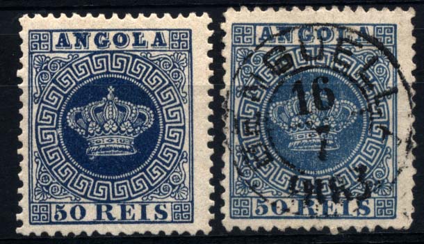 1596.jpg -     Lote:    1596            Angola       Descrição:         1881/8/5 &mdash; Tipo coroas. Novas cores. CE14, 50 reis azul. Lote de dois selos em denteado 12 &frac12;, um novo e outro obliterado com carimbo de duplo círculo com letras normandas de BENGUELLA, batido a preto. Valor de catálogo &euro; 69,50.        */O       Valor Base:     &euro; 12,00     Valor Venda:     &euro; 12,00     