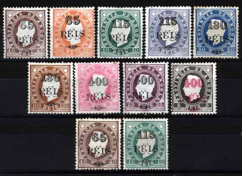 1602.jpg -     Lote:    1602            Angola       Descrição:         1902 &mdash; D. Luís I, fita direita com sobretaxa. CE53/61. Série completa em denteado 12 &frac12;. Selo de 400 s/ 5 reis com muito ligeiro adelgaçamento em dois dentes + CE53 tipo II + CE55 em denteado 13 &frac12;. Valor de catálogo &euro; 349,20.        **/*       Valor Base:     &euro; 75,00     Valor Venda:     &euro; 110,00     