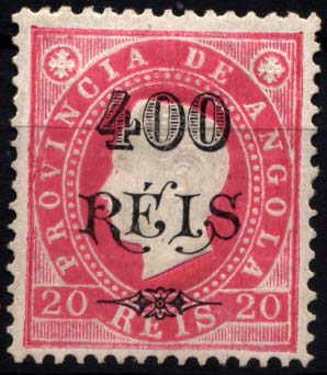 1605.jpg -     Lote:    1605            Angola       Descrição:         1902 &mdash; D. Luís I, fita direita, com sobretaxa. CE60, 400 s/ 20 reis rosa, denteado 12 &frac12;. Valor de catálogo &euro; 126,00.        **       Valor Base:     &euro; 30,00     Valor Venda:     &euro; 65,00     