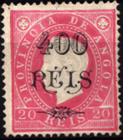 1607.jpg -     Lote:    1607            Angola       Descrição:         1902 &mdash; D. Luís I, com sobretaxa. CE60, 400 s/ 5 reis rosa em denteado 13 &frac12;. Valor de catálogo &euro; 250,00.        *       Valor Base:     &euro; 60,00     Valor Venda:     &euro; 70,00     