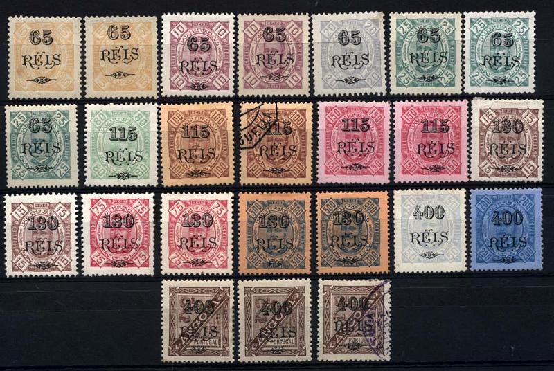 1608.jpg -     Lote:    1608            Angola       Descrição:         1902 &mdash; D. Carlos I tipo Diogo Neto, com sobretaxa. CE62/74. Série completa + 9 selos com diversos denteados e papeis + 2 selos usados de 115s/100 reis denteado 13 &frac12; e 400 s/ 2 &frac12; reis. Valor de catálogo &euro; 449,90.        **/*/O       Valor Base:     &euro; 60,00     Valor Venda:     &euro; 80,00     