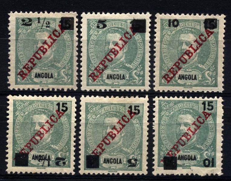 1613.jpg -     Lote:    1613            Angola       Descrição:         1912 &mdash; D. Carlos I, com sobretaxa. CE113/115. Série completa normal + série completa com a sobretaxa invertida.        **       Valor Base:     &euro; 20,00     Valor Venda:     &euro; 40,00     