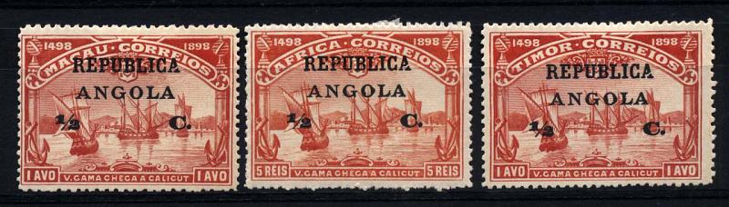 1620.jpg -     Lote:    1620            Angola       Descrição:         1913 &mdash; 4.º Centenário do Descobrimento do Caminho Marítimo para a Índia, com sobrecarga REPUBLICA e sobretaxa, sobre selos de Macau. CE126, &frac12; C s/ 1 avo vermelho. Lote de 3 selos com fenda no "A" (perna direita na intersecção do traço horizontal) de REPUBLICA". MR.        **       Valor Base:     &euro; 40,00     Valor Venda:     Retirado     