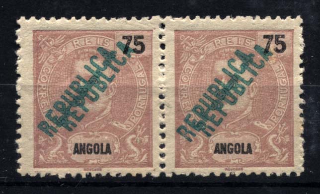 1622.jpg -     Lote:    1622            Angola       Descrição:         1914 &mdash; D. Carlos I, com sobrecarga REPUBLICA tipografada localmente. CE161, 75 reis violeta claro, com dupla sobrecarga a verde. Valor de catálogo &euro; 102,00.        ***       Valor Base:     &euro; 25,00     Valor Venda:     &euro; 90,00     