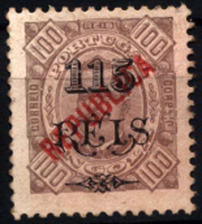 1627.jpg -     Lote:    1627            Angola       Descrição:         1914 &mdash; D. Carlos I tipo Diogo Neto, com sobretaxa e sobrecarga REPUBLICA local. CE171, 115 s/ 100 reis castanho, denteado 11 &frac12;. Valor de catálogo &euro; 330,00.        *       Valor Base:     &euro; 90,00     Valor Venda:     &euro; 180,00     