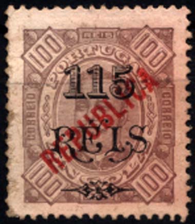 1628.jpg -     Lote:    1628            Angola       Descrição:         1914 &mdash; D. Carlos I tipo Diogo Neto, com sobretaxa e sobrecarga REPUBLICA local. CE171, 115 s/ 100 reis castanho, denteado 13 &frac12;. Valor de catálogo &euro; 970,00.        *       Valor Base:     &euro; 290,00     Valor Venda:     &euro; 340,00     