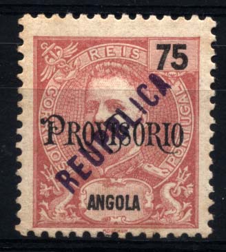 1633.jpg -     Lote:    1633            Angola       Descrição:         1914 &mdash; D. Carlos I com sobrecarga PROVISÓRIO + sobrecarga REPUBLICA local. CE177, 75 reis carmim. Variedade REUPBLICA a violeta em vez de verde. Valor de catálogo &euro; 25,00.        **       Valor Base:     &euro; 10,00     Valor Venda:     &euro; 22,00     