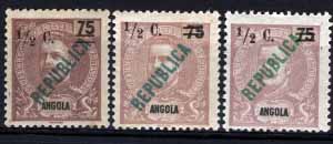 1637.jpg -     Lote:    1637            Angola       Descrição:         1919 &mdash; D. Carlos I com sobrecarga REPUBLICA, local. CE192, 2 &frac12; castanho violeta a Castanho violeta claro. Lote de 3 selos com "2" mais fino. Dois deles sem a haste perpendicular da base do número "2". Valor de catálogo &euro; 60,00.        **       Valor Base:     &euro; 12,00     Valor Venda:     Retirado     