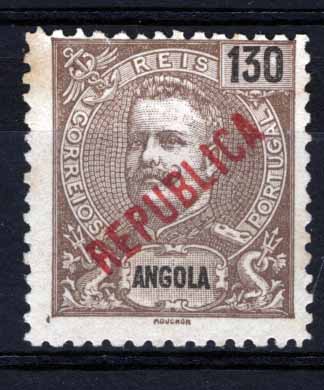 1649.jpg -     Lote:    1649            Angola       Descrição:         1914 &mdash; D. Carlos I, com sobrecarga REPUBLICA local. NÃO EMITIDOS. CE NE2, 130 reis, castanho s/ amarelo. Valor de catálogo &euro; 300,00.        *       Valor Base:     &euro; 50,00     Valor Venda:     &euro; 130,00     