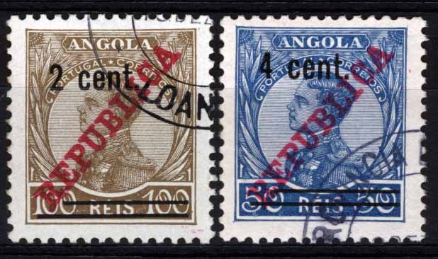 1652.jpg -     Lote:    1652            Angola       Descrição:         1921 &mdash; D. Manuel II com sobrecarga REPUBLICA da Casa da Moeda e sobretaxa local. NÃO EMITIDOS. Lote composto por dois selos: um de 2 cent. s/ 100 reis e outro de 4 cent. s/ 50 reis. NÃO CATALOGADOS. MR.        O       Valor Base:     &euro; 20,00     Valor Venda:     &euro; 65,00     