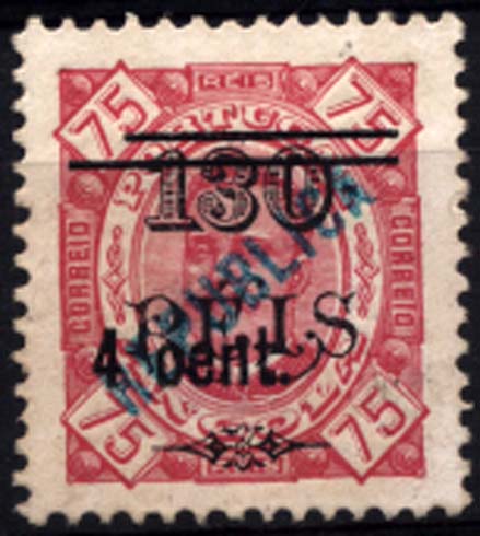 1656.jpg -     Lote:    1656            Angola       Descrição:         1921 &mdash; D. Carlos I tipo Diogo Neto com sobrecarga REPUBLICA local. NÃO EMITIDOS. 4 cent. s/ 130 s/ 75 reis carmim.        *       Valor Base:     &euro; 15,00     Valor Venda:     &euro; 26,00     