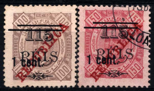 1657.jpg -     Lote:    1657            Angola       Descrição:         1919 &mdash; D. Carlos I, tipo Diogo Neto (selos de 1902) com sobretaxa local. NÃO EMITIDOS. Lote de dois selos: 1 cent s/ 115 s/ 100 reis castanho, denteado 12 &frac12; + 1 cent s/ 115 s/ 150 reis carmim s/ rosa, denteado 11 &frac12;. MR.        */O       Valor Base:     &euro; 20,00     Valor Venda:     &euro; 36,00     