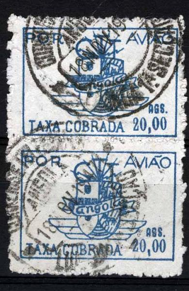 1661.jpg -     Lote:    1661            Angola       Descrição:         1947 &mdash; Escudo de Angola. Correio Aéreo. CE CA18, 20$00 azul. Par vertical obliterado. Valor de catálogo &euro; 264.00.        O       Valor Base:     &euro; 50,00     Valor Venda:     &euro; 70,00     