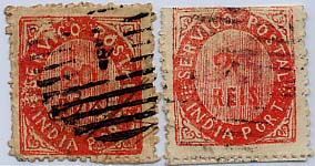 1685.jpg -     Lote:    1685            Índia Portuguesa       Descrição:         1871 &mdash; Nativos. Tipo II. CE9, 20 reis vermelho, papel avergoado. Lote de dois selos: um com o denteado farpeado. Valor de catálogo &euro; 111,20.        O       Valor Base:     &euro; 25,00     Valor Venda:     &euro; 32,00     