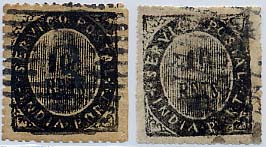 1697.jpg -     Lote:    1697            Índia Portuguesa       Descrição:         1874 &mdash; Nativos. Tipo IC. CE21, 10 reis preto, papel azulado fino. Lote de dois selos obliterados com carimbos numéricos batidos a preto: "3" &mdash; Bicholim e "4" &mdash; Ponda. Valor de catálogo &euro; 91,00.        O       Valor Base:     &euro; 20,00     Valor Venda:     Retirado     