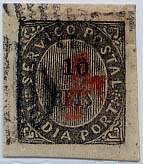 1708.jpg -     Lote:    1708            Índia Portuguesa       Descrição:         1881 &mdash; Nativos, com sobretaxa. CE62 (35), 5 s/ 10 reis preto. Tipo ID. Sobretaxa tipo A. Selo com tripla sobretaxa, uma delas invertida. Não catalogada.        O       Valor Base:     &euro; 30,00     Valor Venda:     &euro; 140,00     