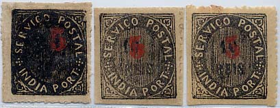 1711.jpg -     Lote:    1711            Índia Portuguesa       Descrição:         1881 &mdash; Nativos, com sobretaxa. CE62 (26), 5 s/ 10 reis preto. Tipo IIIA. Sobretaxa tipo A. Lote de 3 selos com diferentes tonalidades. Um dos selos com ponto de óxido. Valor de catálogo &euro; 40,80.        **/*       Valor Base:     &euro; 10,00     Valor Venda:     &euro; 20,00     